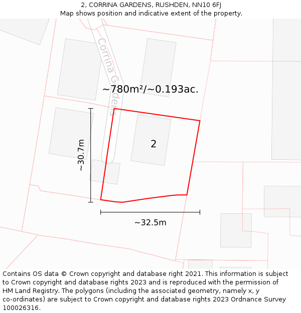 2, CORRINA GARDENS, RUSHDEN, NN10 6FJ: Plot and title map