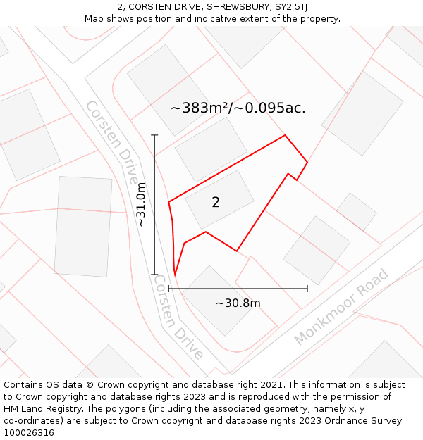 2, CORSTEN DRIVE, SHREWSBURY, SY2 5TJ: Plot and title map