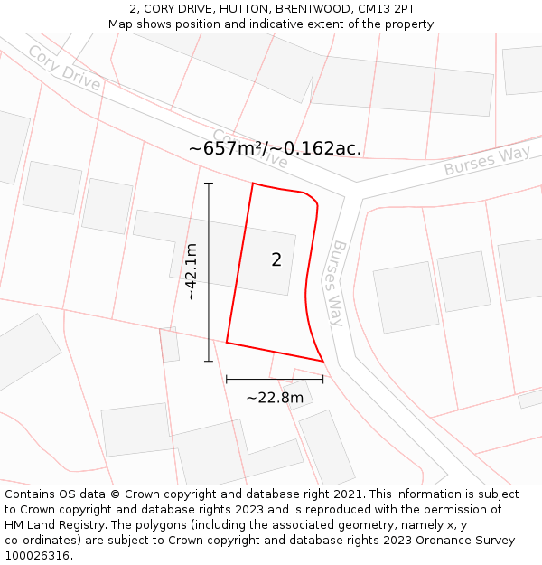 2, CORY DRIVE, HUTTON, BRENTWOOD, CM13 2PT: Plot and title map