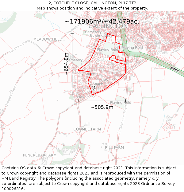 2, COTEHELE CLOSE, CALLINGTON, PL17 7TP: Plot and title map