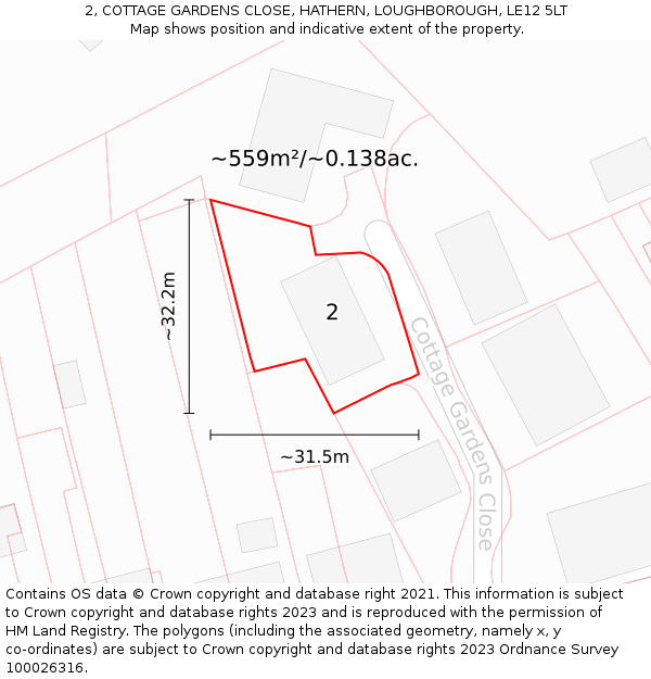 2, COTTAGE GARDENS CLOSE, HATHERN, LOUGHBOROUGH, LE12 5LT: Plot and title map