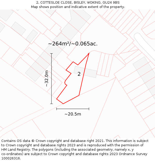 2, COTTESLOE CLOSE, BISLEY, WOKING, GU24 9BS: Plot and title map