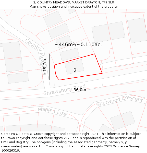 2, COUNTRY MEADOWS, MARKET DRAYTON, TF9 3LR: Plot and title map