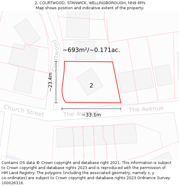 2, COURTWOOD, STANWICK, WELLINGBOROUGH, NN9 6PN: Plot and title map