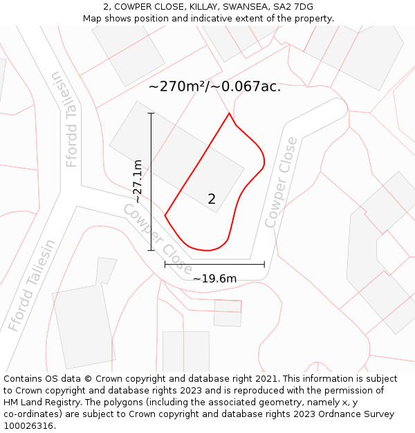 2, COWPER CLOSE, KILLAY, SWANSEA, SA2 7DG: Plot and title map