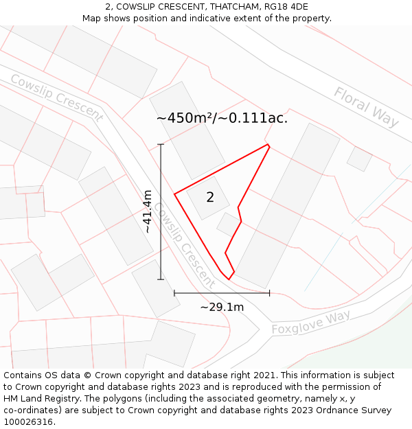2, COWSLIP CRESCENT, THATCHAM, RG18 4DE: Plot and title map