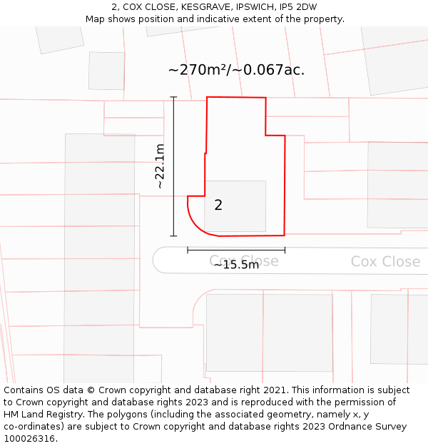 2, COX CLOSE, KESGRAVE, IPSWICH, IP5 2DW: Plot and title map