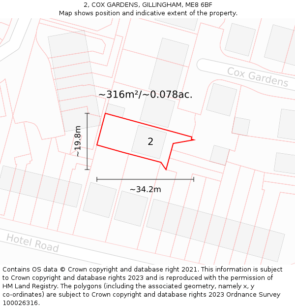 2, COX GARDENS, GILLINGHAM, ME8 6BF: Plot and title map