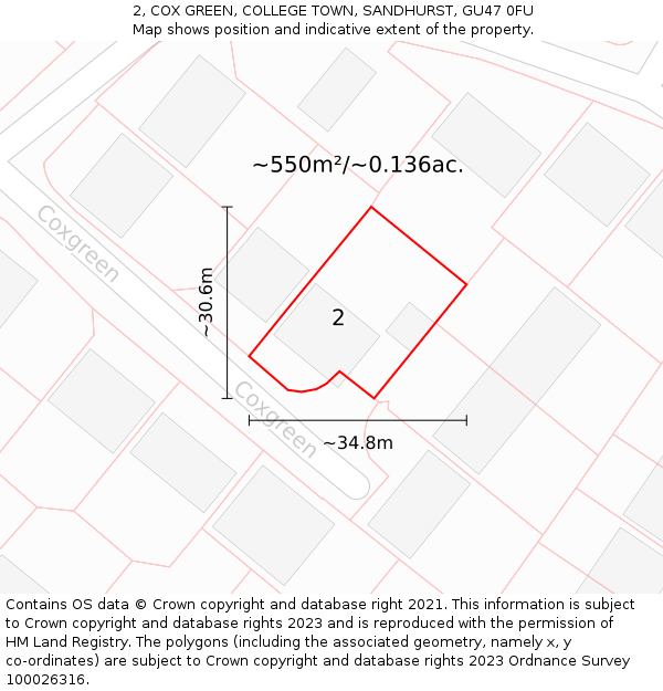 2, COX GREEN, COLLEGE TOWN, SANDHURST, GU47 0FU: Plot and title map