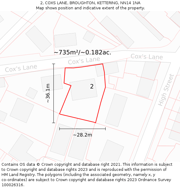 2, COXS LANE, BROUGHTON, KETTERING, NN14 1NA: Plot and title map