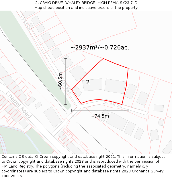 2, CRAIG DRIVE, WHALEY BRIDGE, HIGH PEAK, SK23 7LD: Plot and title map
