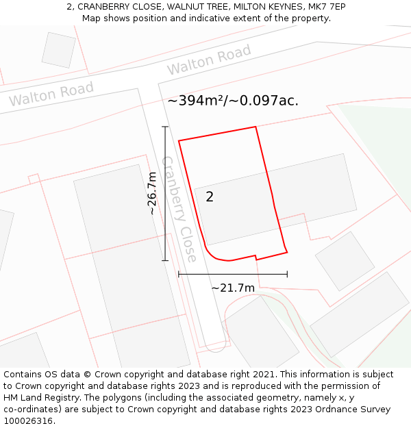 2, CRANBERRY CLOSE, WALNUT TREE, MILTON KEYNES, MK7 7EP: Plot and title map