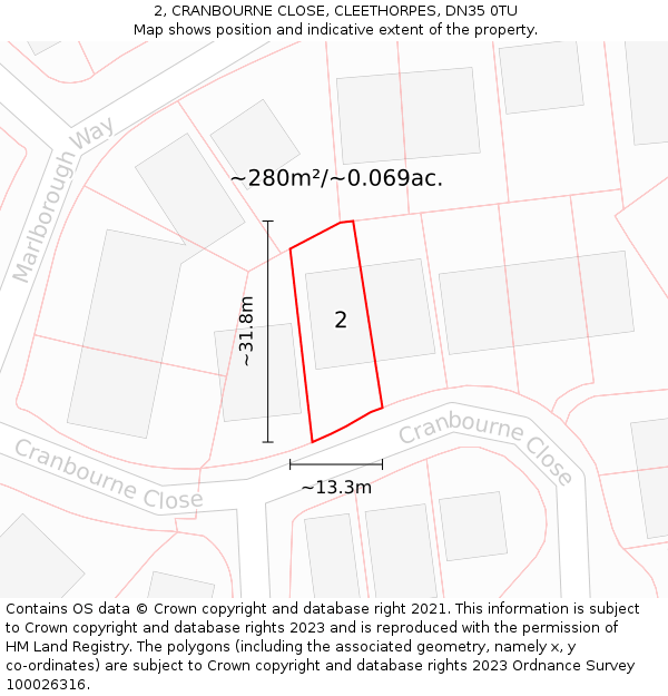 2, CRANBOURNE CLOSE, CLEETHORPES, DN35 0TU: Plot and title map