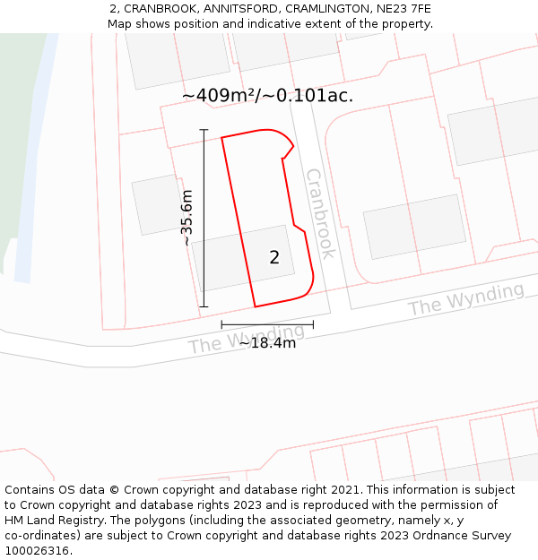 2, CRANBROOK, ANNITSFORD, CRAMLINGTON, NE23 7FE: Plot and title map