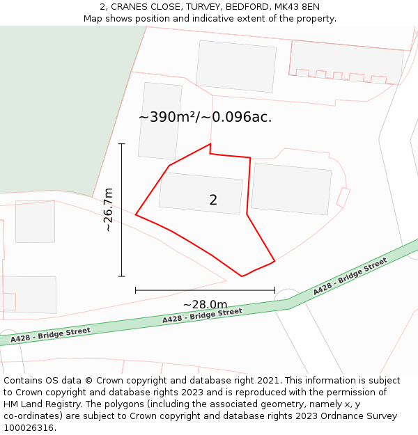 2, CRANES CLOSE, TURVEY, BEDFORD, MK43 8EN: Plot and title map
