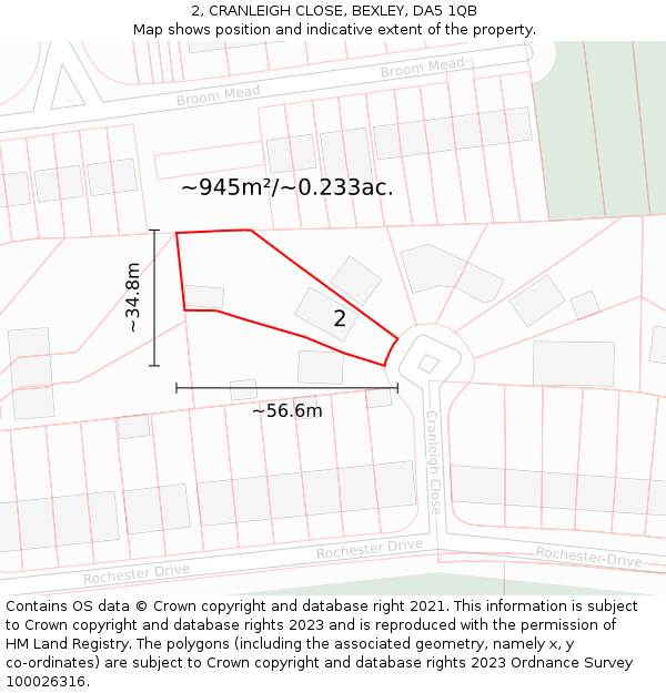 2, CRANLEIGH CLOSE, BEXLEY, DA5 1QB: Plot and title map