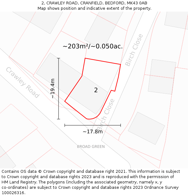 2, CRAWLEY ROAD, CRANFIELD, BEDFORD, MK43 0AB: Plot and title map