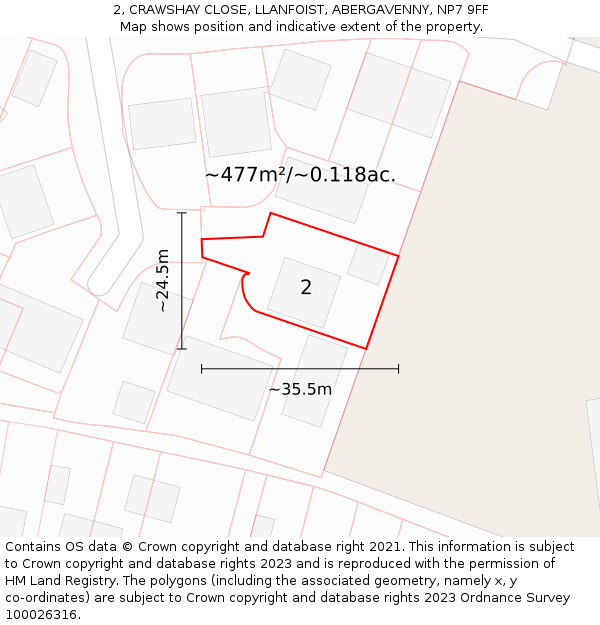2, CRAWSHAY CLOSE, LLANFOIST, ABERGAVENNY, NP7 9FF: Plot and title map