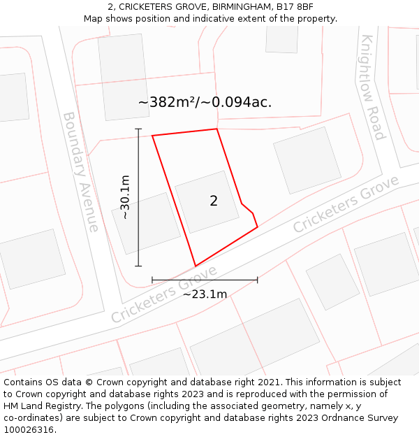 2, CRICKETERS GROVE, BIRMINGHAM, B17 8BF: Plot and title map