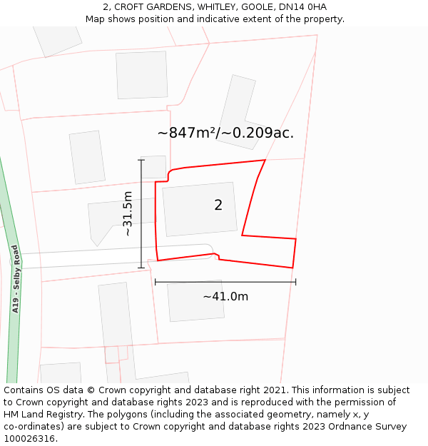 2, CROFT GARDENS, WHITLEY, GOOLE, DN14 0HA: Plot and title map