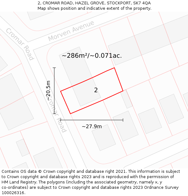 2, CROMAR ROAD, HAZEL GROVE, STOCKPORT, SK7 4QA: Plot and title map