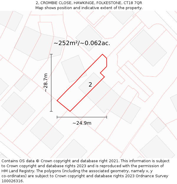 2, CROMBIE CLOSE, HAWKINGE, FOLKESTONE, CT18 7QR: Plot and title map