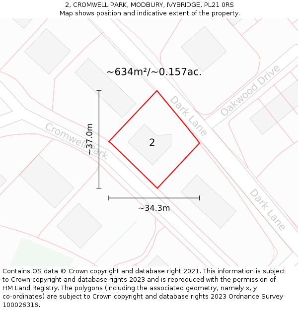 2, CROMWELL PARK, MODBURY, IVYBRIDGE, PL21 0RS: Plot and title map