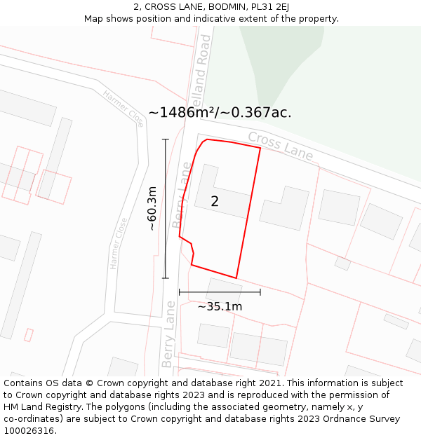 2, CROSS LANE, BODMIN, PL31 2EJ: Plot and title map