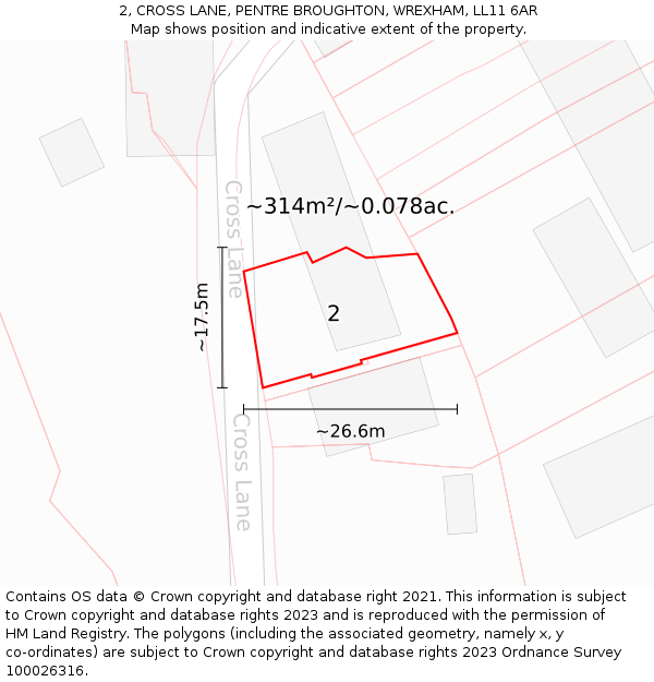 2, CROSS LANE, PENTRE BROUGHTON, WREXHAM, LL11 6AR: Plot and title map