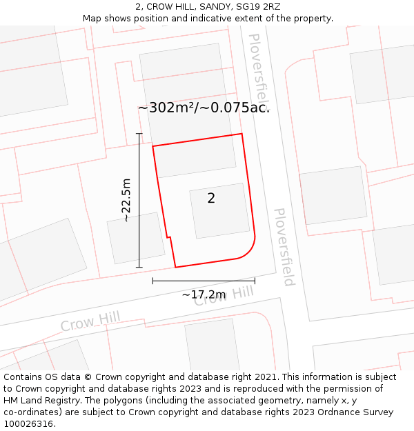 2, CROW HILL, SANDY, SG19 2RZ: Plot and title map