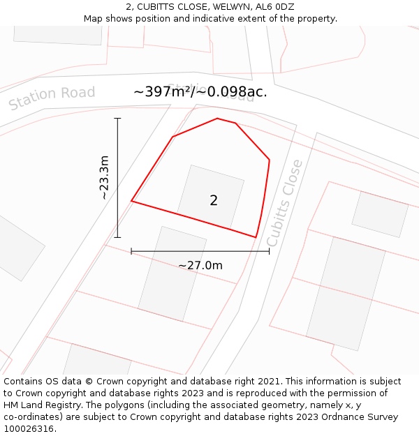 2, CUBITTS CLOSE, WELWYN, AL6 0DZ: Plot and title map