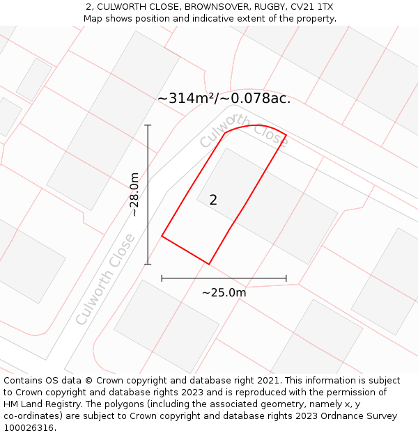 2, CULWORTH CLOSE, BROWNSOVER, RUGBY, CV21 1TX: Plot and title map