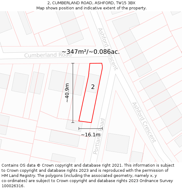 2, CUMBERLAND ROAD, ASHFORD, TW15 3BX: Plot and title map