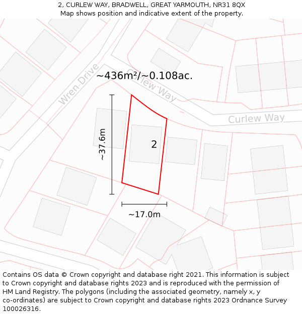 2, CURLEW WAY, BRADWELL, GREAT YARMOUTH, NR31 8QX: Plot and title map