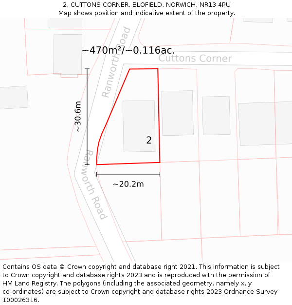 2, CUTTONS CORNER, BLOFIELD, NORWICH, NR13 4PU: Plot and title map