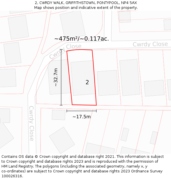 2, CWRDY WALK, GRIFFITHSTOWN, PONTYPOOL, NP4 5AX: Plot and title map