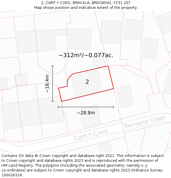 2, CWRT Y COED, BRACKLA, BRIDGEND, CF31 2ST: Plot and title map