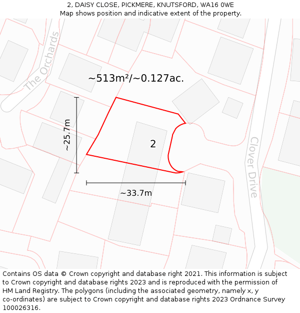 2, DAISY CLOSE, PICKMERE, KNUTSFORD, WA16 0WE: Plot and title map