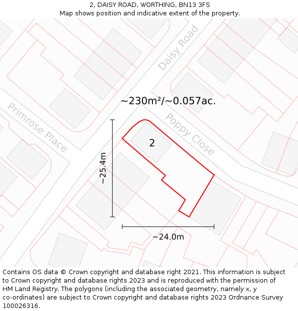 2, DAISY ROAD, WORTHING, BN13 3FS: Plot and title map