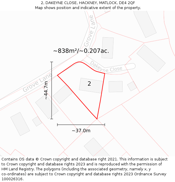 2, DAKEYNE CLOSE, HACKNEY, MATLOCK, DE4 2QF: Plot and title map