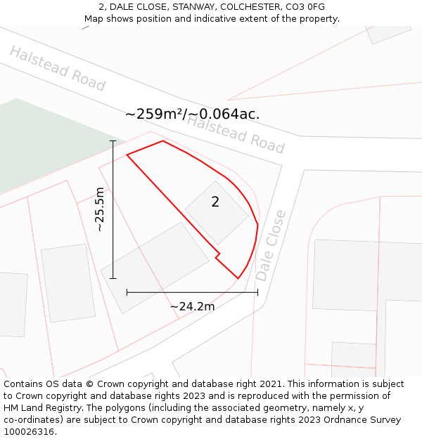 2, DALE CLOSE, STANWAY, COLCHESTER, CO3 0FG: Plot and title map