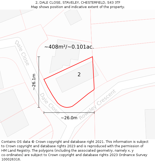 2, DALE CLOSE, STAVELEY, CHESTERFIELD, S43 3TF: Plot and title map