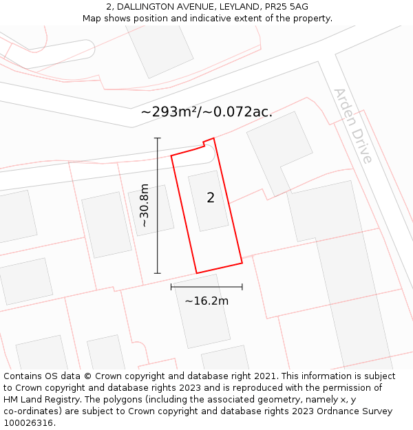 2, DALLINGTON AVENUE, LEYLAND, PR25 5AG: Plot and title map