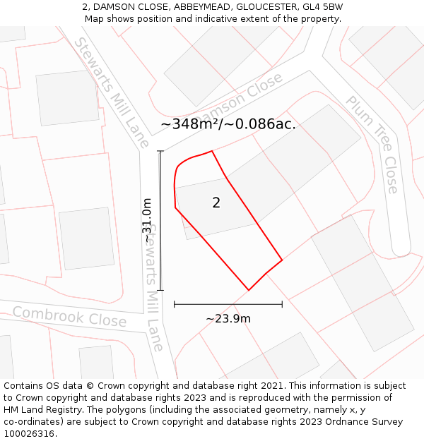 2, DAMSON CLOSE, ABBEYMEAD, GLOUCESTER, GL4 5BW: Plot and title map