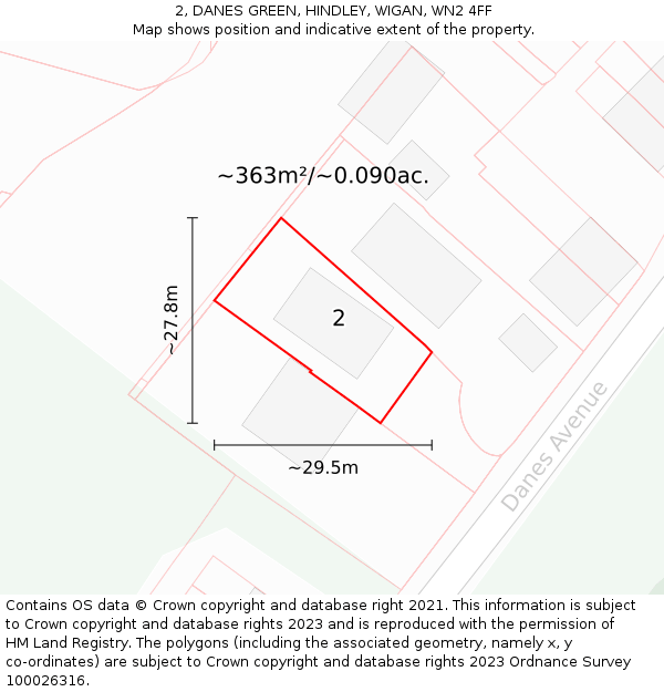 2, DANES GREEN, HINDLEY, WIGAN, WN2 4FF: Plot and title map