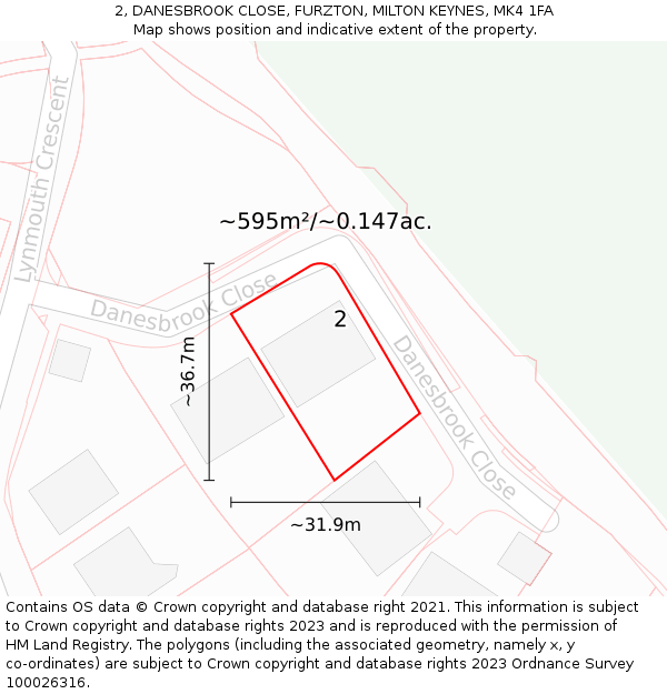 2, DANESBROOK CLOSE, FURZTON, MILTON KEYNES, MK4 1FA: Plot and title map