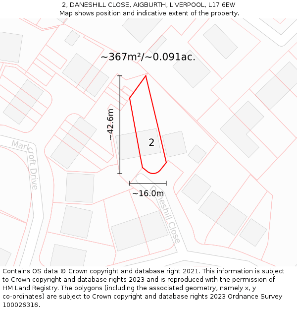 2, DANESHILL CLOSE, AIGBURTH, LIVERPOOL, L17 6EW: Plot and title map