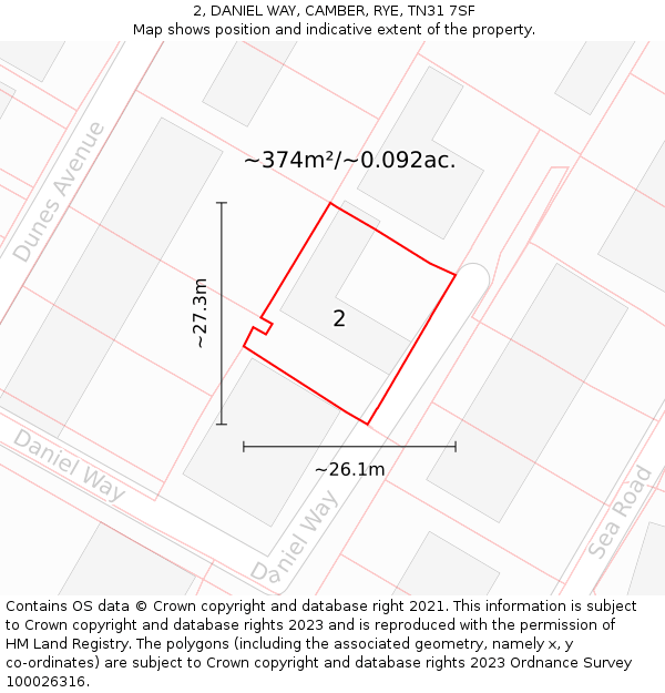 2, DANIEL WAY, CAMBER, RYE, TN31 7SF: Plot and title map