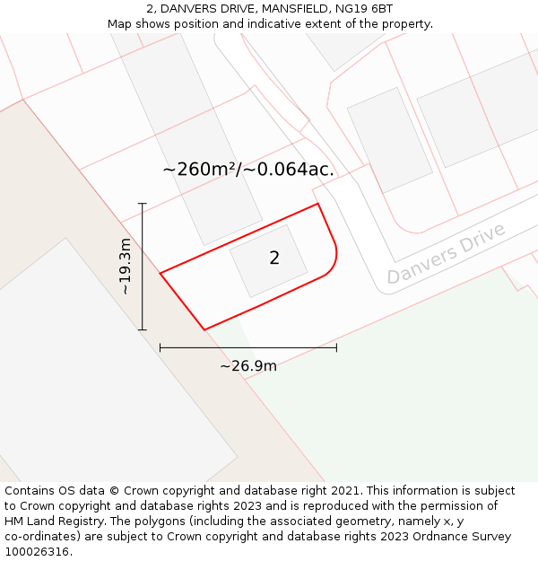 2, DANVERS DRIVE, MANSFIELD, NG19 6BT: Plot and title map