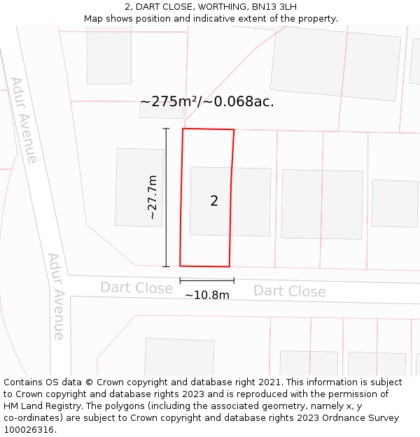 2, DART CLOSE, WORTHING, BN13 3LH: Plot and title map